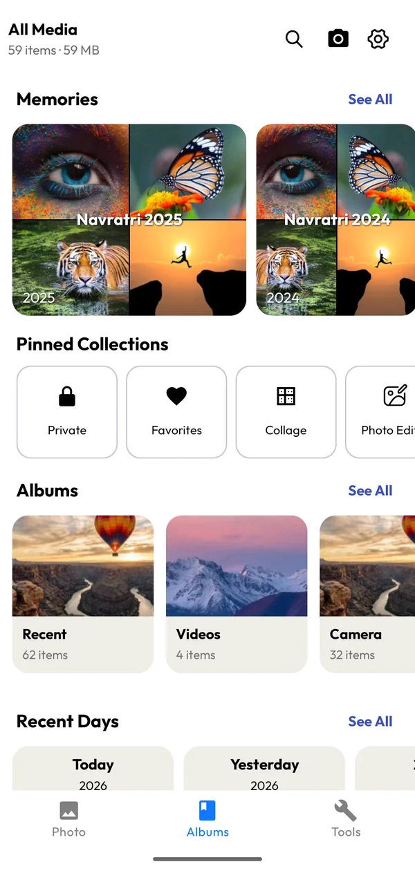 Albums screen with Memories, pinned collections and album cards
