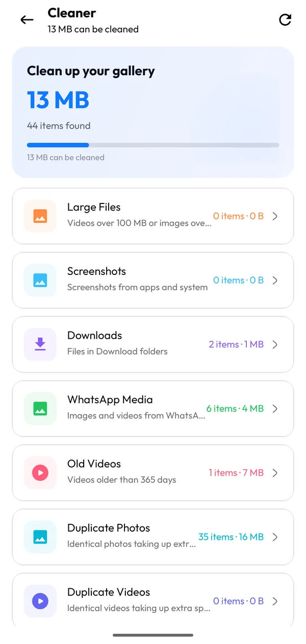 Cleaner showing categories such as duplicate photos, WhatsApp media and old videos