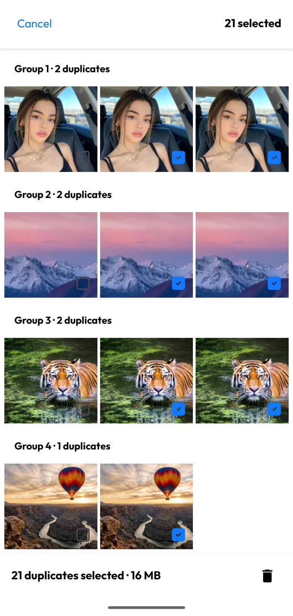 Duplicate photos grouped for review with a total space saving