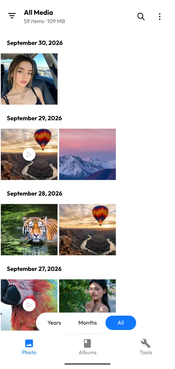Gallery Photo Album photo timeline showing photos and videos grouped by day