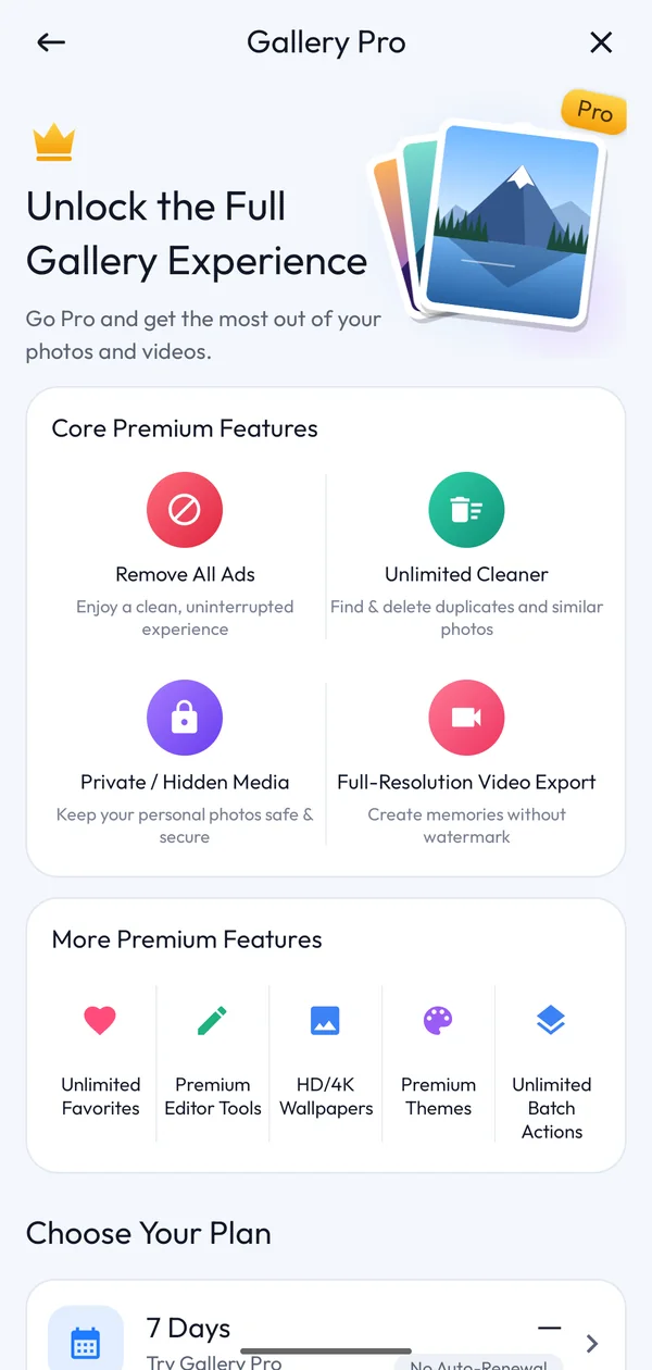 Gallery Pro screen listing premium features and plans
