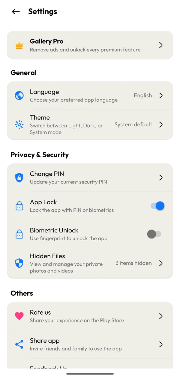 Settings with Gallery Pro, language, theme, app lock and hidden files