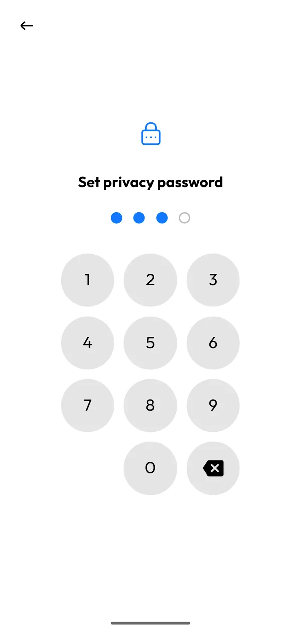 Set privacy password screen with PIN keypad